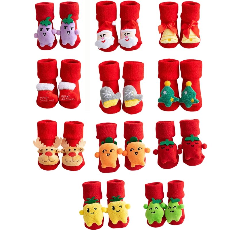 Toddler Baby Christmas calzini corti antiscivolo Cute 3D Cartoon Pattern inverno caldo neonato bambini pantofole da interno addensate