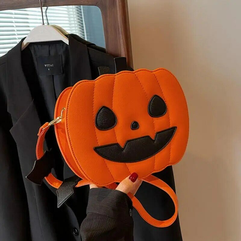 Halloween tas selempang labu kapasitas besar tas selempang labu kulit PU dompet labu kapasitas besar berbentuk labu
