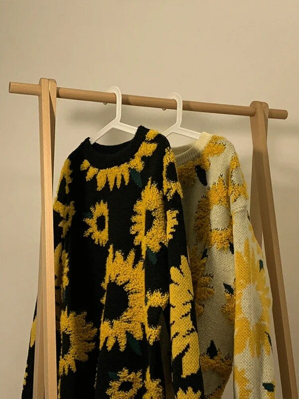 Suéteres florales flocados para hombres, ropa de punto holgada, estilo japonés, Retro, High Street, Harajuku, primavera y otoño