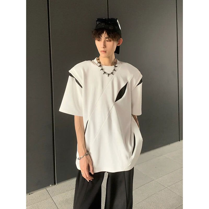 T-shirt com decote em O masculino, manga curta desconstruída, cor de verão emendado, roupa popular coreana, High Street, preto e branco