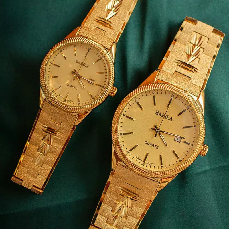 Новинка 2024, часы для влюбленных, позолоченные выцветающие кварцевые мужские часы с календарем в стиле ретро, резные корейские золотые часы