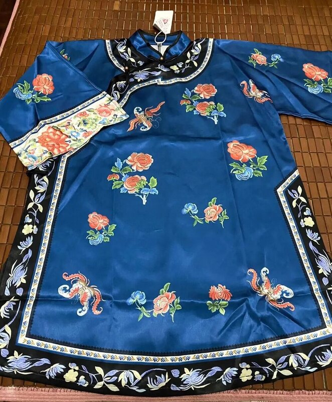 ชุดฮั่นฝูของจีนสำหรับผู้หญิงเสื้อคลุมสไตล์ราชวงศ์ชิงชุดฮาโลวีนแบบจีนโบราณสีฟ้าแดงแบบดั้งเดิม