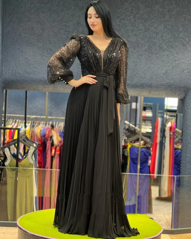 Flavinke Königsblau Abendkleider für Hochzeits feier Chiffon V-Ausschnitt Glitzer arabische Falten A-Linie Ballkleider Promi-Kleid
