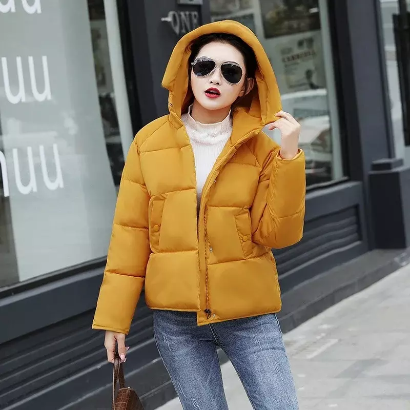 Koreanische Mode Winter verdicken kurzen Daunen mantel Büro Dame lässig pendeln Reiß verschluss Kapuze Parkas einfarbig große Tasche Mäntel