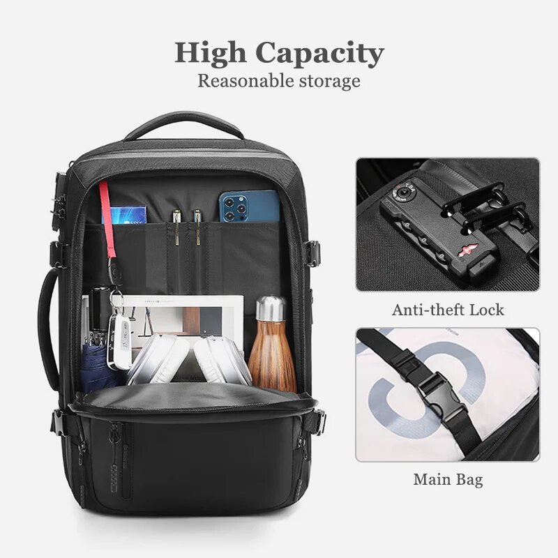 Sac à dos d'affaires étanche pour hommes, sacs à dos pour ordinateur portable de 15.6 pouces, sacs de voyage antivol ouverts à 180 degrés pour étudiants, nouveau
