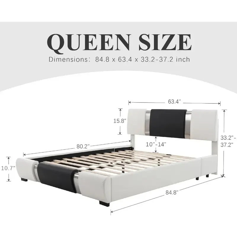 Bed frame with faux leather upholstered headboard and wood slats support, heavy-duty mattress base platform bed frame