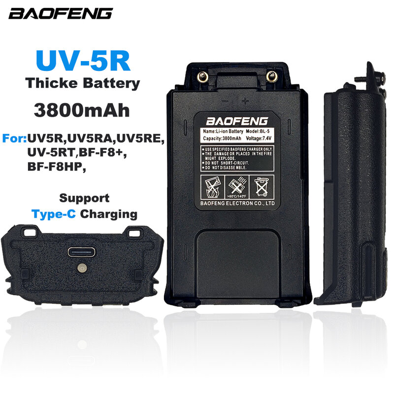 BL-5 Baofeng Walkie Talkie UV-5R Serie Thicke Batterij UV-5RT BF-F8HP BF-F8 + Uv5r Li-Ion Batterij 3800Mah Suport Type-C Opladen