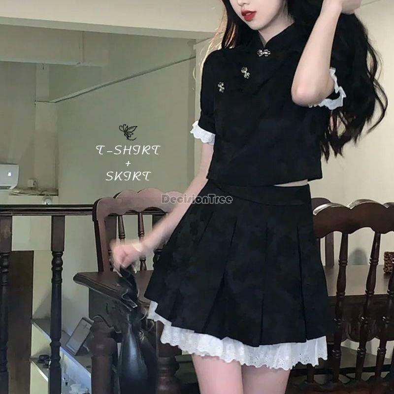 2024 neue chinesische Stil Falten rock halben Rock zweiteiligen Set Mädchen Mode tragen Frauen Spitze sexy tägliche Cheong sam Kleid Set
