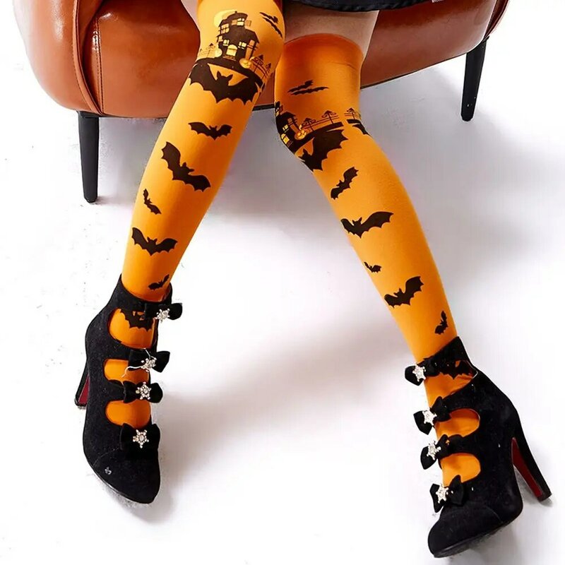 Medias altas hasta el muslo con patrón de bruja para mujer, calcetines largos elásticos por encima de la rodilla, accesorios de disfraces de Halloween, calcetines