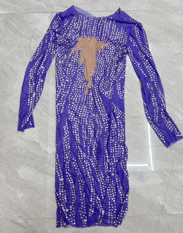 Sexy viola argento strass abiti elasticizzati compleanno festeggia vestito da sera Stage muslimcostume zixu C106
