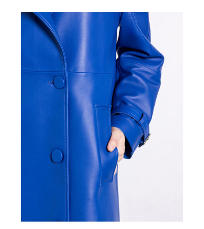 Casaco de couro PU luxuoso para mulheres, extra longo, elegante azul, macio, elegante, passarela, moda europeia, primavera, outono, 2024