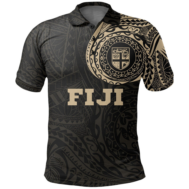 Polo gráfico de tatuaje polinesiano con bandera de Fiyi para hombre, 3d Camiseta de manga corta con estampado, camisetas holgadas con botones, camisetas con solapa de calle, Verano