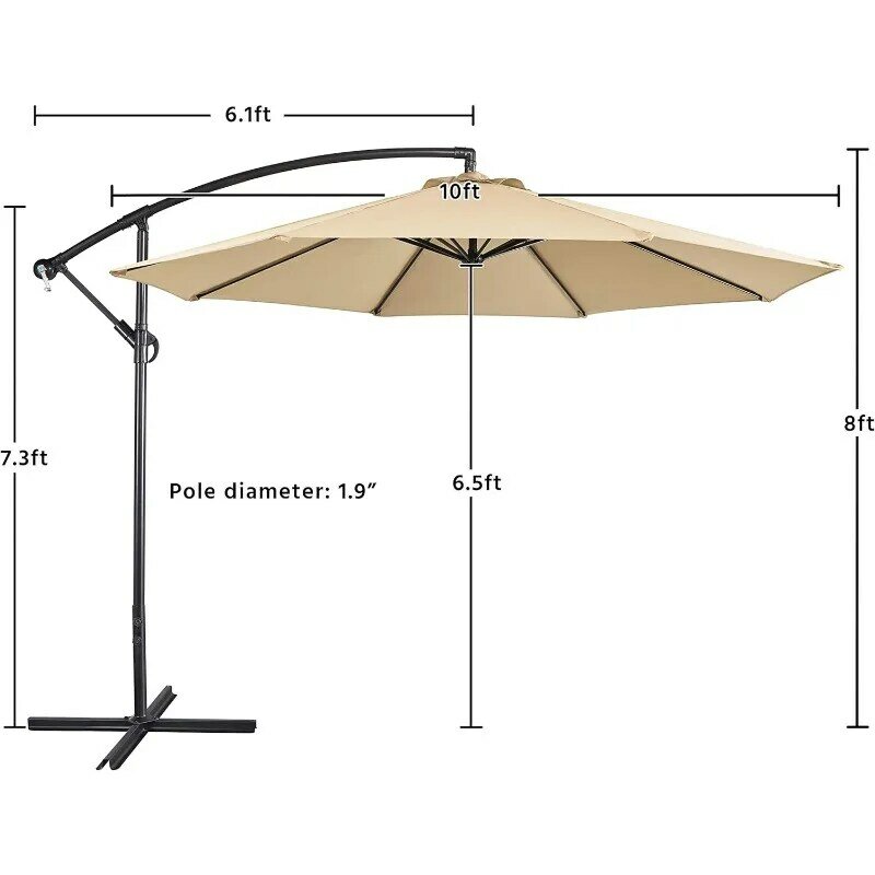 10FT Patio Offset Umbrella - Cantilever Hanging Outdoor Umbrellas w/UV Protection & 8 Ribs & Handy Crank & Cross Base for Marke