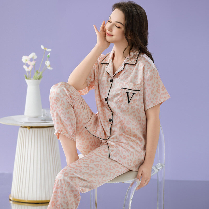 Women Pajamas Set Spring Summer 2 Piece Leopard Print Pyjama Faux Silk Satin Sleepwear Short Sleeve Pijama Mujer Pjs Homewear