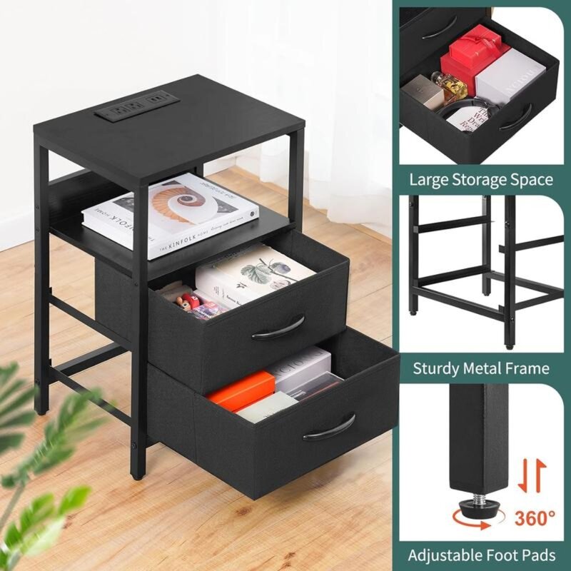 Bedside table with charging station, fabric drawer and LED bedside table, bedside table with USB port and socket
