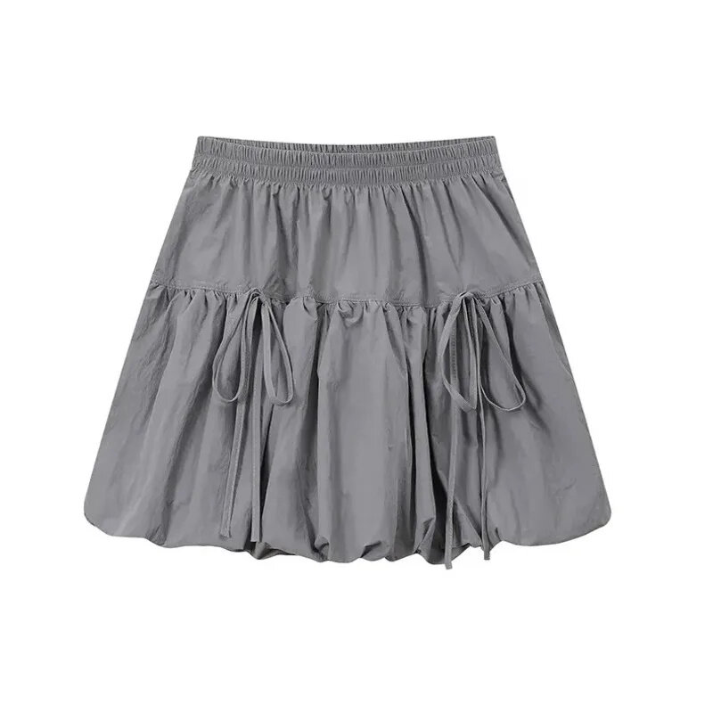 Korean Lace-up Pleated Mini Skirts Nylon Solid Ruffles Bowknot Short Dress Streetwear Loose A-line Skirts For Women 2024 Summer