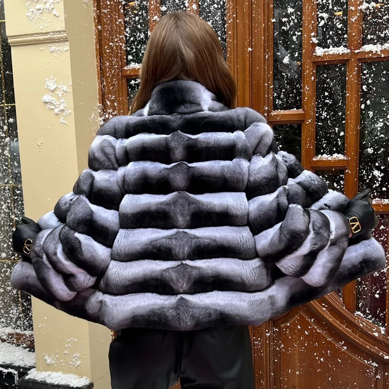 Jaket bulu asli musim dingin untuk wanita mantel bulu Chinchilla wanita mantel bulu pendek bulu kelinci Rex asli