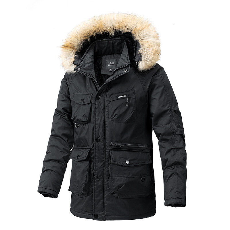Jaket musim dingin pria, jaket bulu tebal pria, pakaian jalanan penahan angin parka, mantel hoodie bisa dilepas, pakaian katun empuk