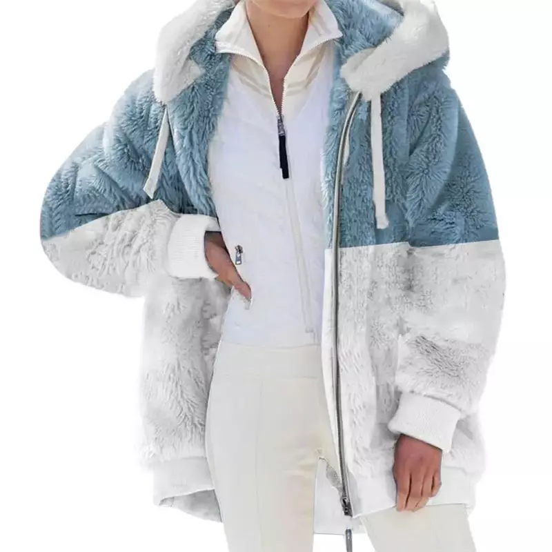 Zip Up Fleece Women Jacket 2022 Plush Faux Fur Autumn Winter Patchwork Color Hooded Jacket Women Coat Warm Thicken