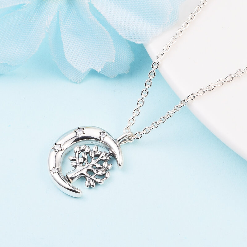 Moon & Spinning Tree of Life Sterling Silver Chain Suitable for Neckline Women New Jewelry DIY Wholesale Pendant Necklace