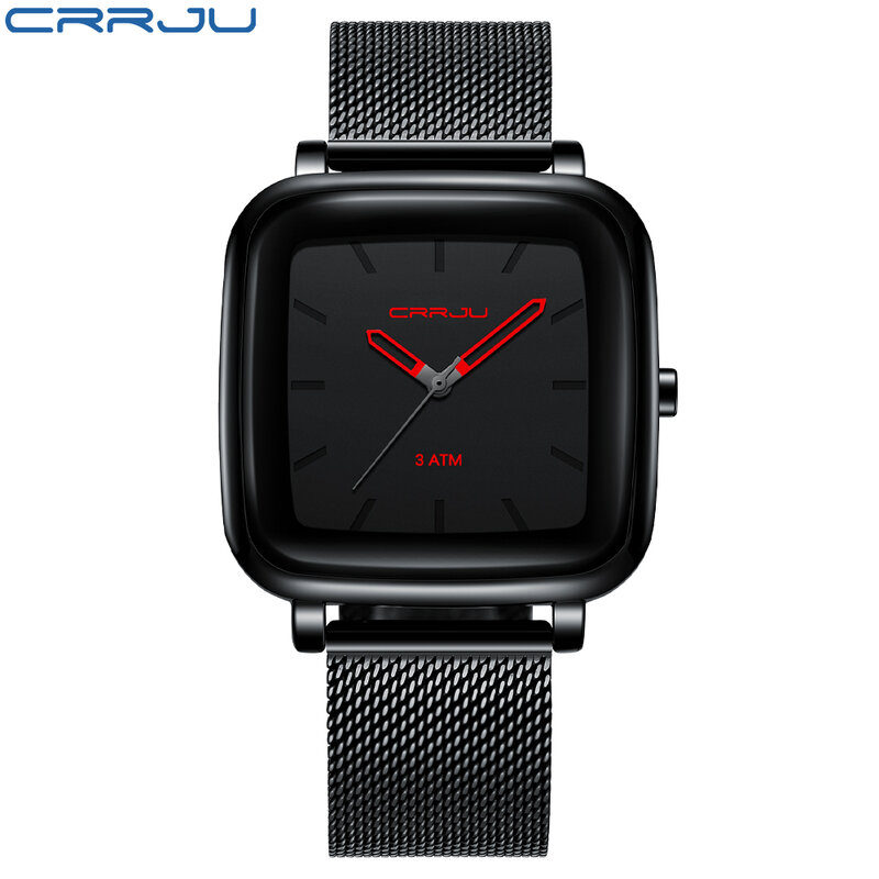 CRRJU New Top Brand Luxury Square Mens Watches Sport Waterproof Watch Fashion Stainless Steel Analog Quartz Wristwatch for Men