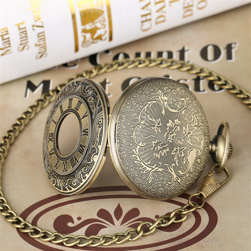 Vintage wydrążone z cyframi rzymskimi etui kwarcowy zegarek kieszonkowy antyczny zegar naszyjnik łańcuszek z wisiorem mężczyzn kobiet prezenty Reloj De Bolsillo