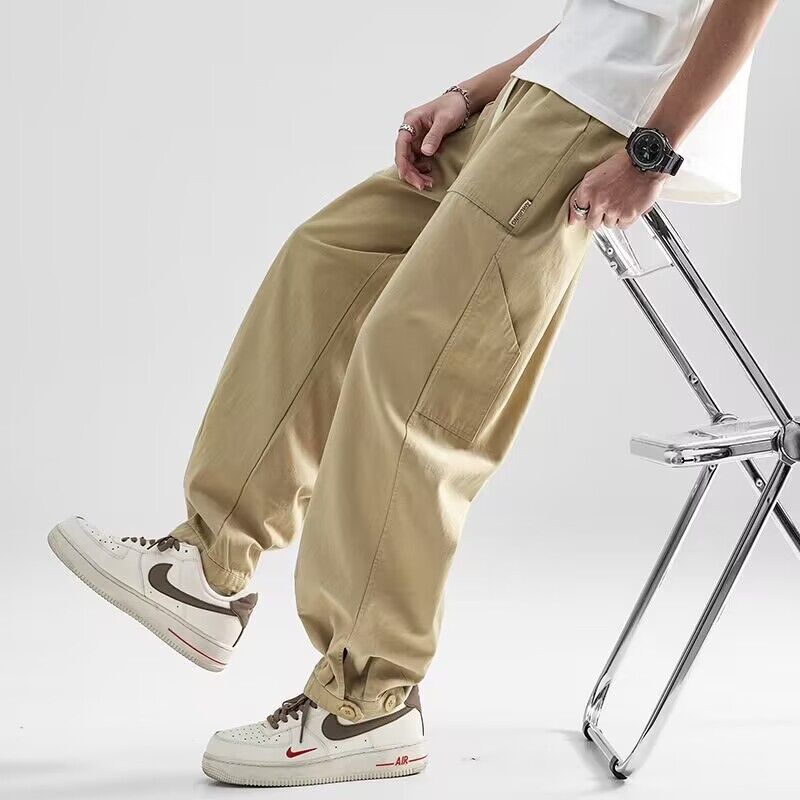 Брюки-карго мужские однотонные, личные штаны с карманами, свободные прямые повседневные уличные брюки с поясом-цилиндром
