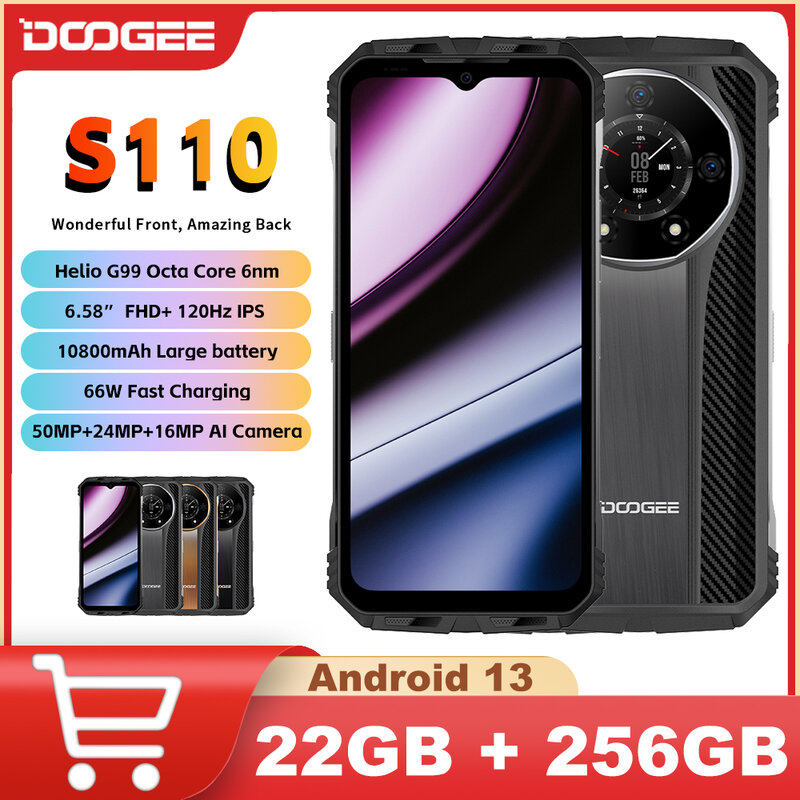DOOGEE S110 ponsel cerdas Android 13, ponsel kasar 6.58 "FHD Display Helio G99 kamera 50mp 12GB + 256GB 10800mAh 66W pengisian daya Cepat