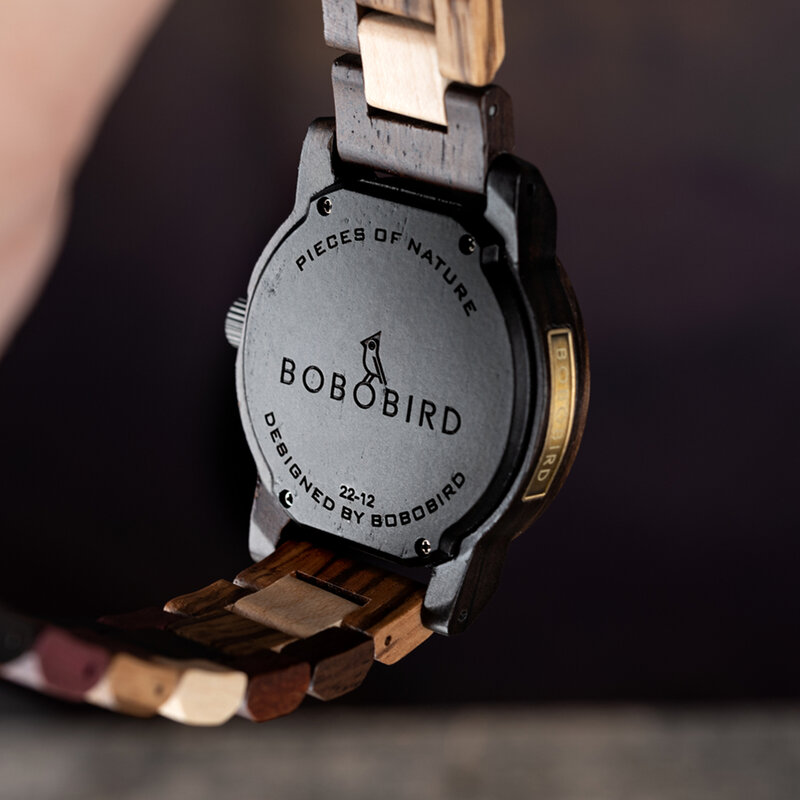 Bobo bird-relógio de pulso de quartzo masculino, display de madeira, data, semana, tempo, com caixa de presente, dropshipping, personalizado