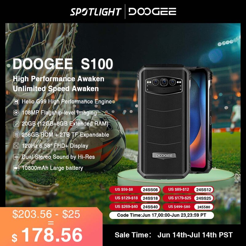 DOOGEE-Cellphone inteligente S100 de 6,58 pulgadas, celular resistente con cámara de 108MP, 12GB + 256GB, 120Hz, Helio G99, batería de 10800mAh, carga rápida de 66W, estreno mundial