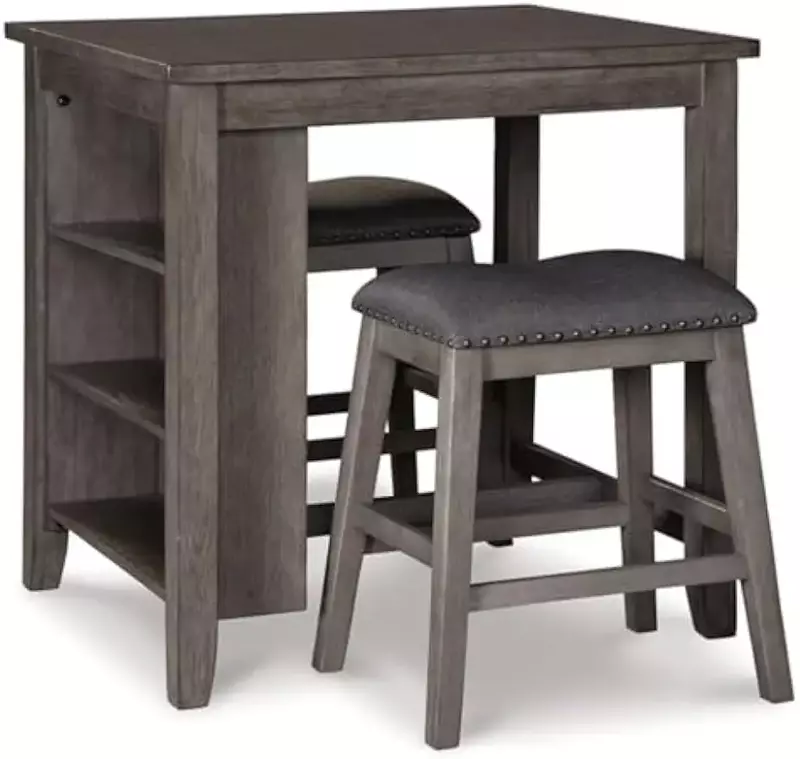 Juego de mesa de comedor de 25 "de altura con 2 taburetes de sillín y almacenamiento, color gris