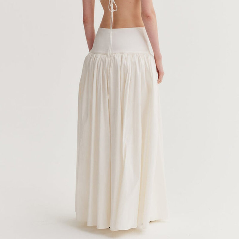 Długa spódnica damska elastyczna talia marszczona detal jednolity kolor Casual luźna spódnica na wiosenne lato