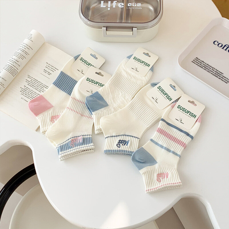 Kave-meias femininas de algodão, 5 pairs, primavera/verão, novo, respirável, casual, listra, bordado, carta, bombas, download gratuito
