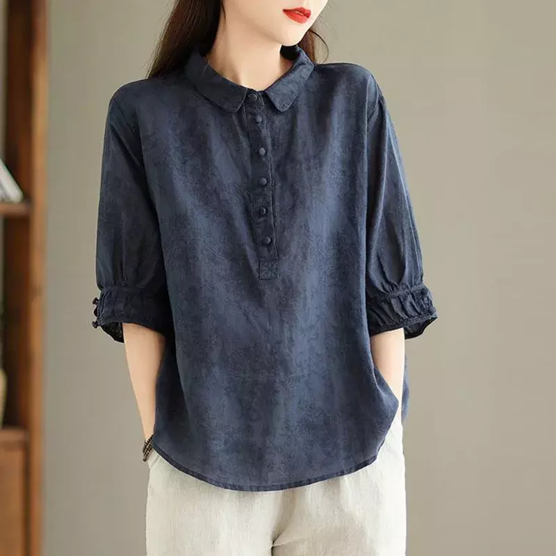 Женская рубашка с полурукавами, Повседневная Свободная рубашка в винтажном стиле, лето 2024