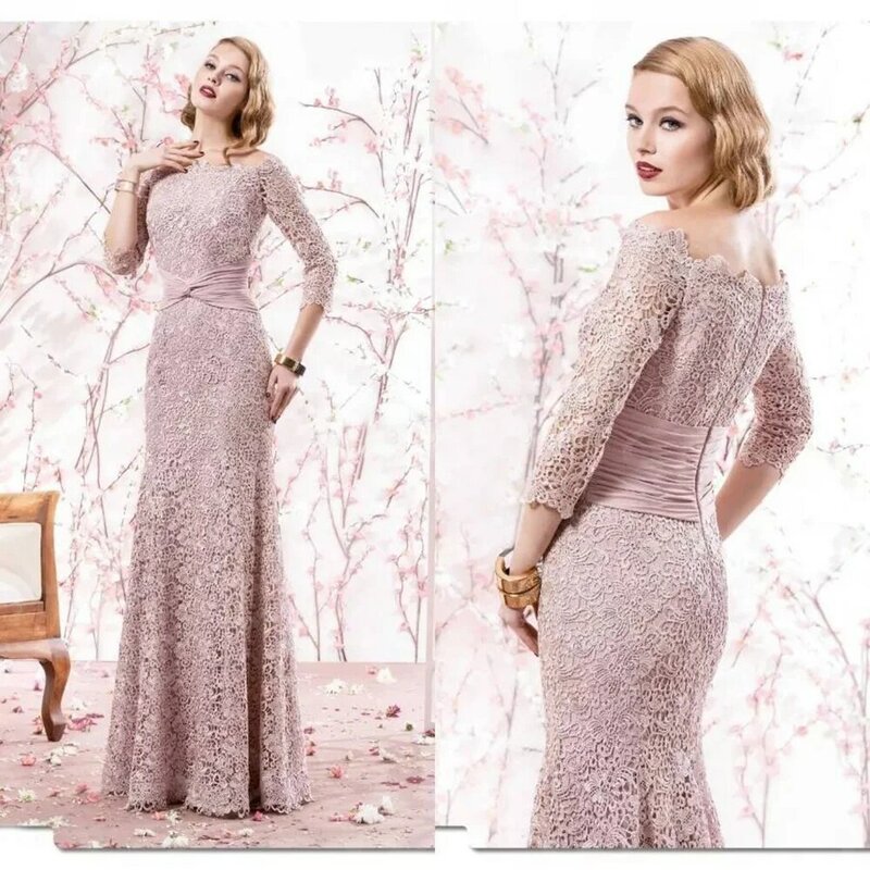 우아한 인어 레이스 신부의 어머니 드레스, 창백한 핑크 웨딩 파티 가운 오프 숄더 소매 어머니 드레스 보트 넥
