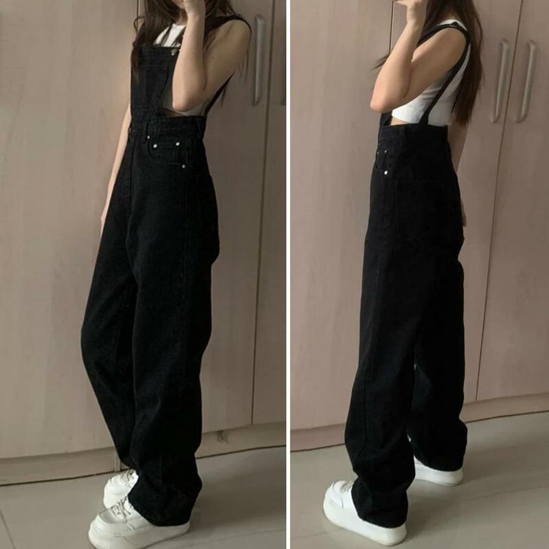 Stretchy Jumpsuit Vintage Sleeveless Wide Leg Jumpsuit with Pockets Women's High Waist Preppy Style Overalls for Streetwear