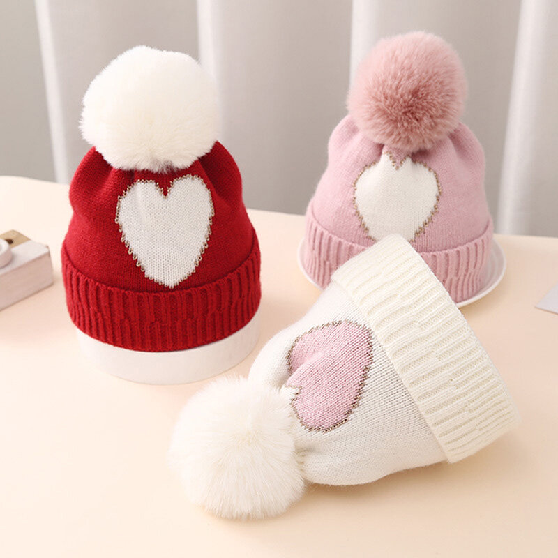 Topi Beanie rajut bayi perempuan, topi Beanie Jacquard cinta gelembung musim gugur dan musim dingin, topi wol tebal hangat balita