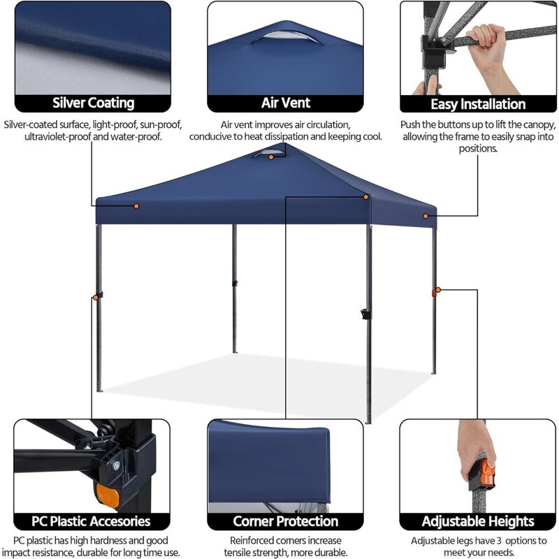 Tenda kanopi Pop up 10x10, tenda instan luar ruangan kain lapis perak 150D komersial dengan tas beroda, 4 kantong pasir