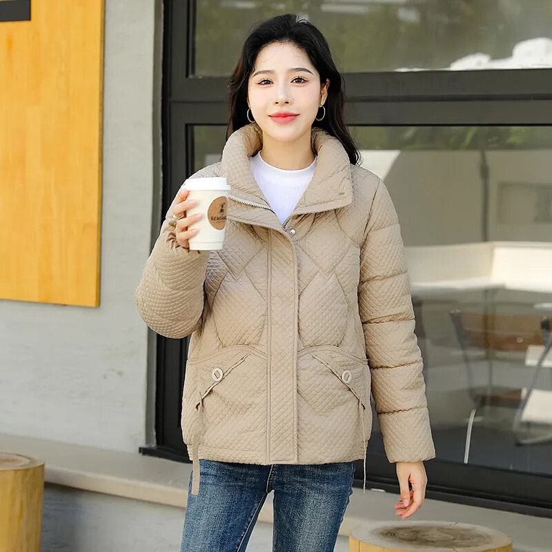 Autumn Winter Short Cotton Jacket Women New Loose Stand-Up Collar Coat Pure Colour Outwear Fshion Pocket Thicken Overcoat Female