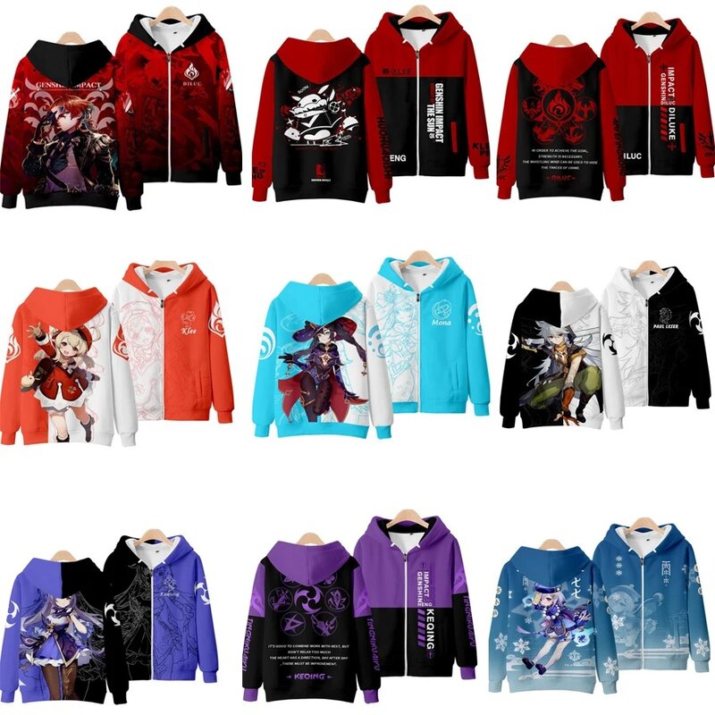 Winter Mens Jackets and Coats Hot Game Genshin Impact 3D Hoodie Fleece Zipper Hooded Sweatshirt Outerwear Anime Cosplay Costume