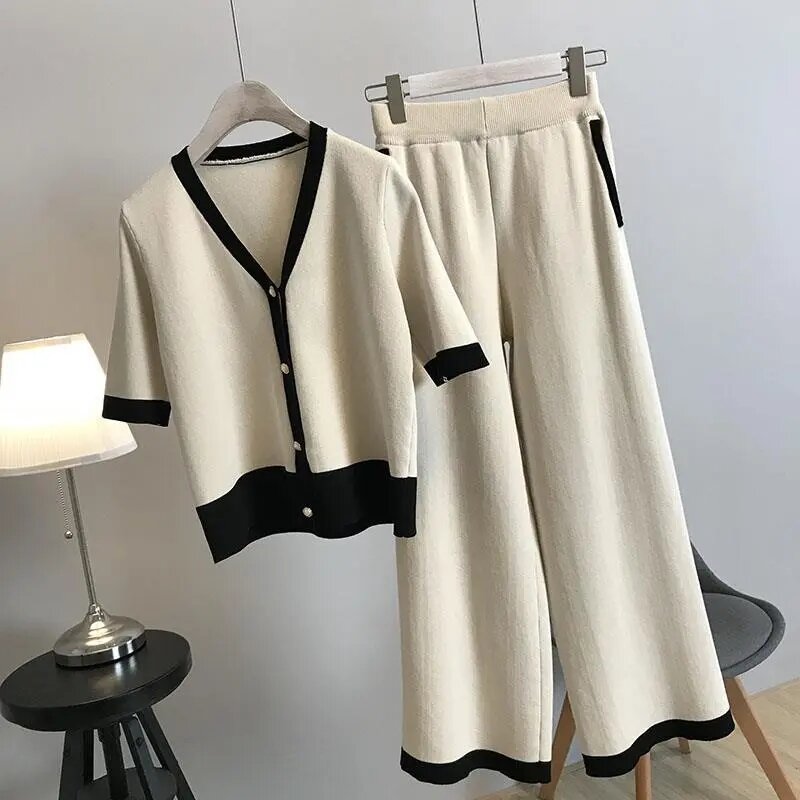 Gebreide Tweedelige Set Pyjama Dames Vest + Wijde Pijpen Broek Sets Korte Mouwen Koreaanse Thuis Pak Patchwork Herfst Outfit Trainingspak