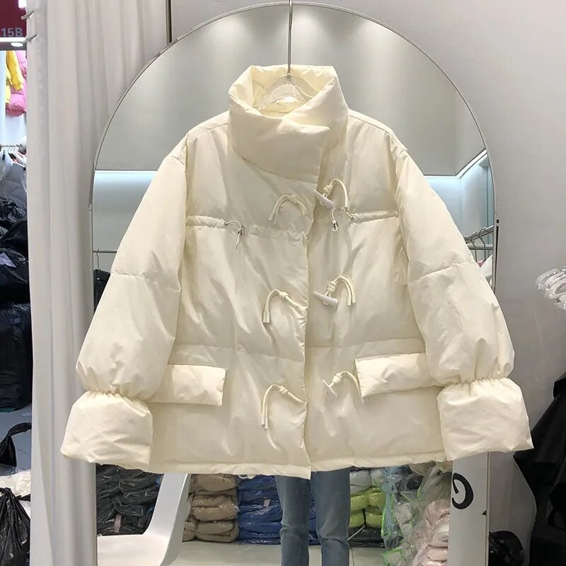 Down Jacket Women's New Autumn Winter Butter Green Elegant Horn Button Loose Down Cotton Stand Collar  Thermal Jacket 2023 New
