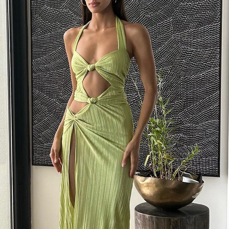 Green Women's Prom Dress Halter Sleeveless Summer Long Maxi Party Gown Sheath Slim Fit Casual Side Split Hollow Skirt Robes