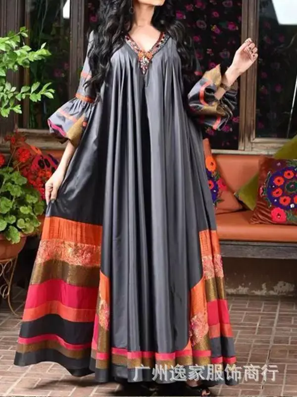 Vintage Printed Dress Women Breathable Loose Middle Eastern Robe Casual Long Sleeve Abaya V-neck Loose Muslim Abayas for Women