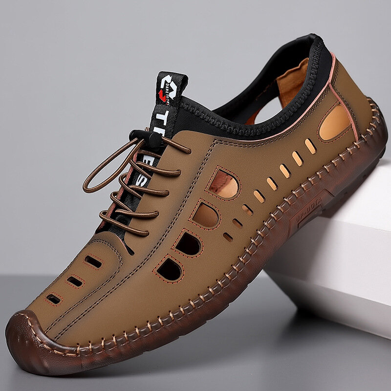 Sandalias informales de verano para Hombre, zapatos transpirables calados a la moda, zapatillas planas de negocios de fondo suave, nuevas