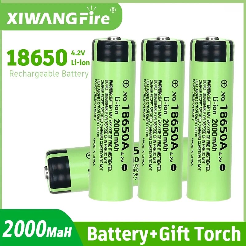 Bateria de lítio de alta capacidade com lanterna LED, energia recarregável, alta segurança, 4.2V, 2000mAh, 18650, alta qualidade