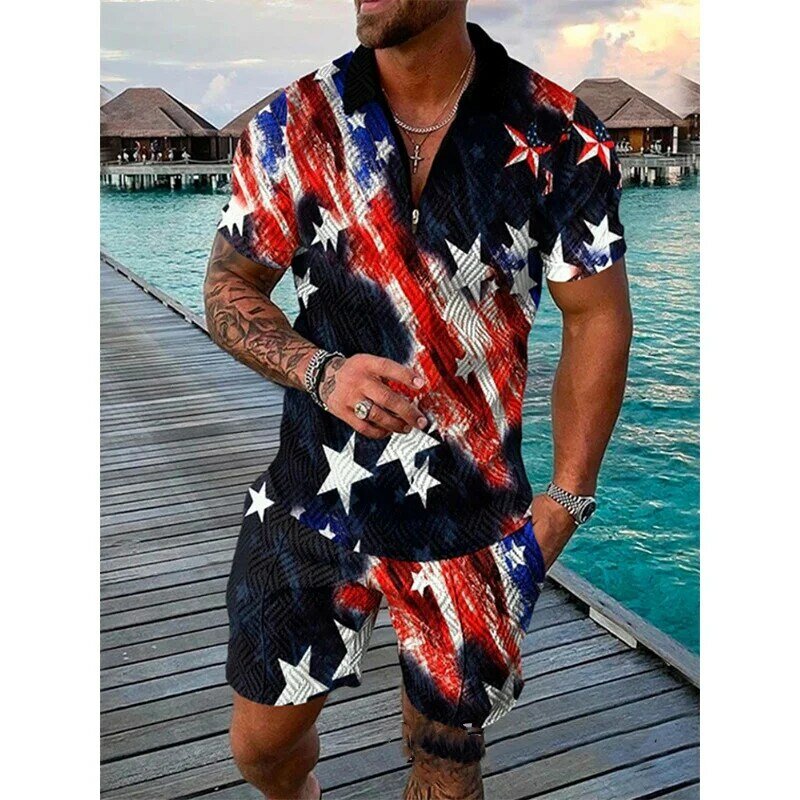 Мужской спортивный костюм с американским флагом орла и 3D принтом, Повседневная рубашка поло на молнии и шорты, комплект из 2 предметов, модная уличная одежда, Мужской пуловер