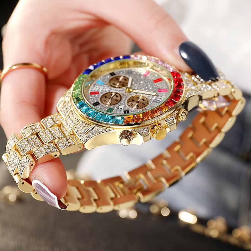 Reloj de pulsera con diamantes de imitación dorados para hombre y Mujer, cronógrafo de rapero de Hip Hop, gran oferta