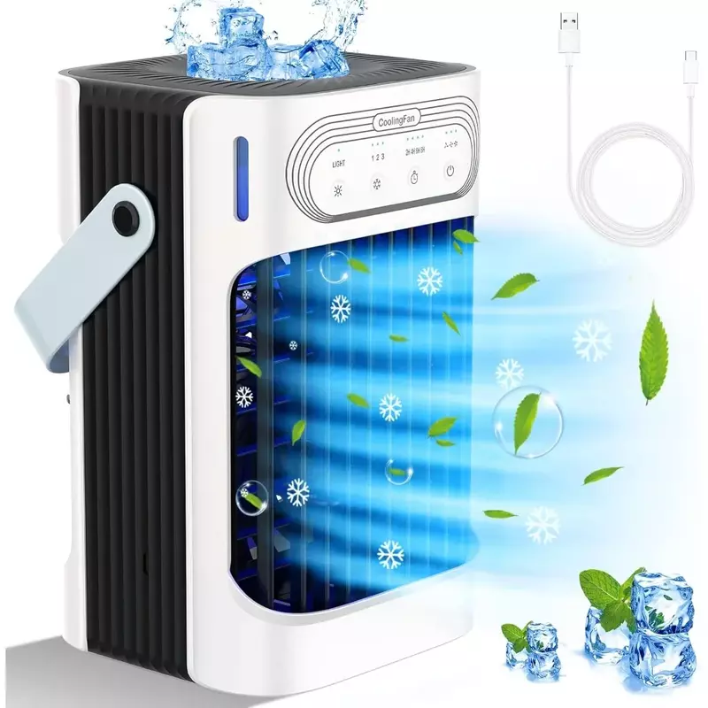 Refrigerador de ar evaporativo portátil, 3 em 1 ar condicionado, 3 velocidade do vento, 7 luz LED, 3 névoa fria, temporizador 2-8H frio AC, 10W