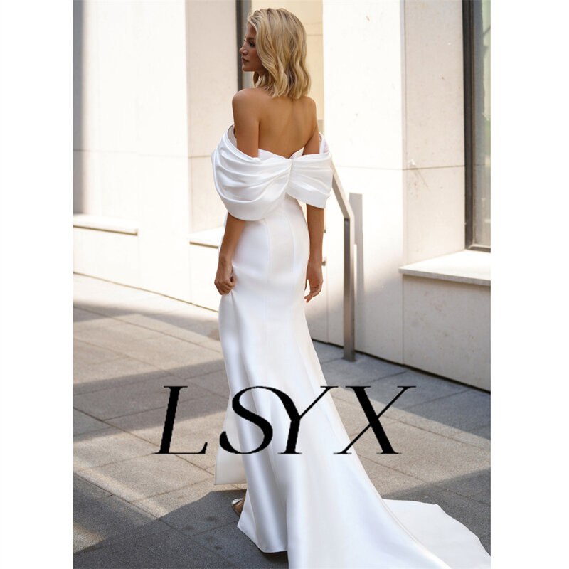 Lsyx-裸の肩のプリーツウェディングドレス,シンプルなマーメイドドレス,ジッパーバック,ハイサイド,床の長さ,ブライダルガウン,カスタムメイド